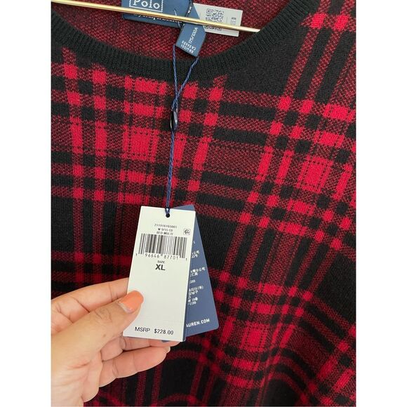 POLO RALPH LAUREN Plaid 100% Wool Short Sleeve Sweater Top Size XL NWT - Picture 2 of 5